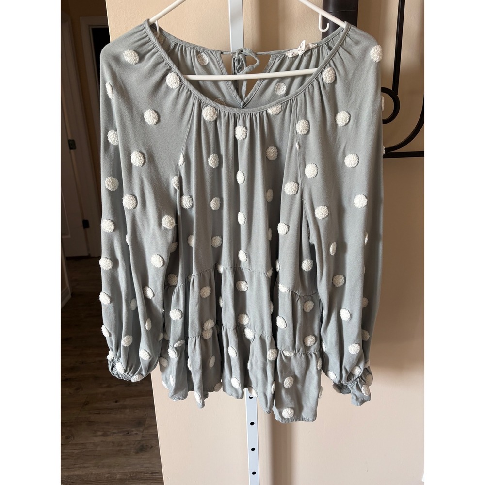 Blu Pepper Sage Green Pom Pom Tiered Babydoll Blouse Large